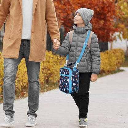 Bagseri Kids Lunch Bag with Shoulder Strap - Insulated Crossbody Boys Lunch Box for School & Travel, Reusable Large Meal Tote with Bottle Holder, Fits Bento Box, Navy Space - color: B Space Astronaut(Blue Trim), size: Crossbody Strap Series