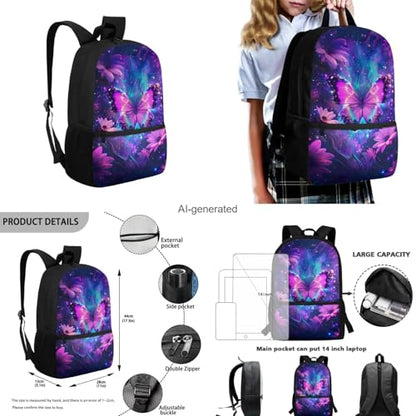Galaxy Butterfly Backpack for Girls Kids Backpack with Lunch Box Water Bottle Pouch and Soft Pencil Case 4PCS Set Bookbag with Front Pocket for School Teens 17 inch School Bag with Side Pocket - color: Aesthetic Galaxy Butterfly and Flower