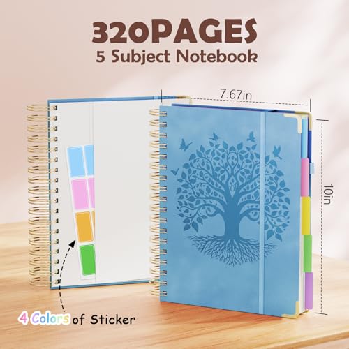 QIYVLOS Hardcover Spiral Notebook, B5 Journal with Removable Dividers Tabs, 5 Subject Notebook College Ruled, 320 Pages 8"x10" Leather Notebooks for Work School Study, Lined Journal for Women, Blue - color: B5/Blue