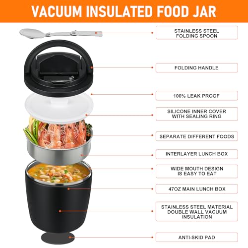 wiwens 40oz Insulated Lunch Containers for Adults Soup Thermo for Hot Food | Leak Proof Wide Mouth Vacuum Stainless Steel Thermal Jar Bento Box with Buckle Lid and Spoon - color: Black