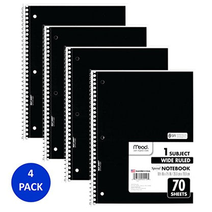 Mead Spiral Notebooks, 1 Subject, Wide Ruled Paper, 70 Sheets, 10-1/2" x 7-1/2 inches, Black, 4 Pack (38401) - color: Black, size: Pack of 4