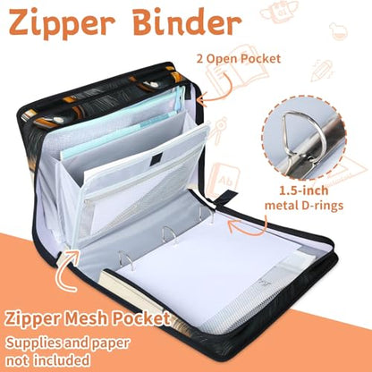 Custom Zipper Binder Fluffy Black Cat 3 Ring Binder 1.5 Inch Expanding Pockets File Folder Large Capacity Document Organizer Bag with Handle and Strap - color: Multi 1