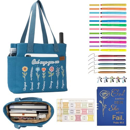 25 PCS Bible Study Supplies Kit, Large Capacity Canvas Tote Bag for Women Organizer, Bible Highlighters and Quick Dry Pens No Bleed Through, Notebook Bible Tabs Cross Bookmark Journaling Accessories - color: Blue