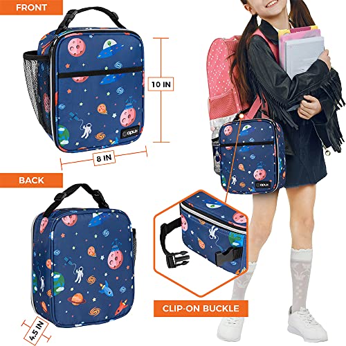 opux Insulated Lunch Bag for Kids Boys Girls, Small Compact Lunch Box with Wide Opening & Mesh Pockets, Reusable Lunch Pail for School, Work, Adults, Men, Women, Space Astronaut - color: Space Astronaut