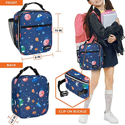 opux Insulated Lunch Bag for Kids Boys Girls, Small Compact Lunch Box with Wide Opening & Mesh Pockets, Reusable Lunch Pail for School, Work, Adults, Men, Women, Space Astronaut - color: Space Astronaut