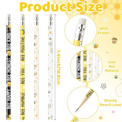Xqumoi 60Pcs Bee Pencils with Erasers - Cute Honeybee Themed #2 HB Wooden Pencils in Bulk Birthday Party Favors Classroom Student Rewards Goodie Bag Fillers Stuffers Summer Back to School Gift - style: Bee