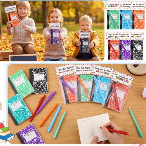 24 Sets Mini Composition Notebook and Ballpoint Pen Bulk Back to School Gifts 3.4 x 4.7'' Small Pocket Notebooks Marble Memo Notepad with Bag for Classroom Reward Student Teacher