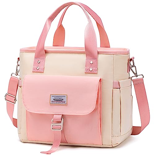 Weitars Insulated Lunch Bag for Men Women,Leak Proof Lunch Box for Work,Extra Large Lunch Tote Bag With Removable Shoulder Strap with Side Pockets,Reusable Lunch Bag For Picnic Hiking - color: Beige/Pink