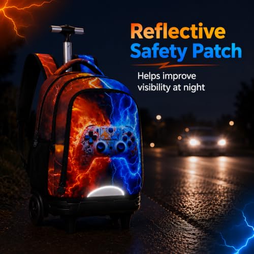 AGSDON Quiet Rolling Backpack with Lunch Box Set – Large‑Wheel Water‑Resistant Wheeled Bag for School, Outings, and Travel | Fire-Lightning Gaming 3‑Piece Organizer Backpack - color: Big Wheel Rolling Backpack Fire-lightning Gaming