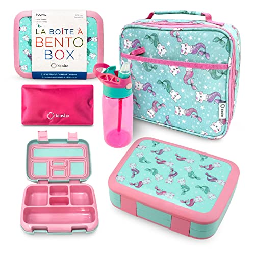 kinsho Bento Lunch Box. Insulated Bag, Water Bottle & Ice Pack Set for Kids, Toddlers, Girls. 5 Portion Sections, Removable Tray, Pre-School Toddler Daycare Lunches, Snack Container, Aqua Cat Mermaid - color: Aqua Cat Mermaid Set
