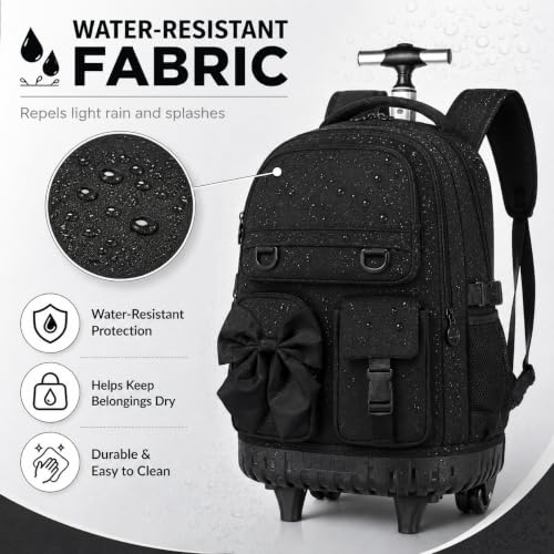 HPJGD 3PCS Girls Backpack with Wheels, Black Bow Tie Roller School Backpacks, Water-Resistant Rolling Wheeled Bookbag Set - color: Black Bowknot Rolling Backpack Set