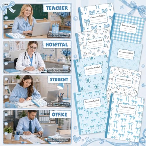 8 Pack Blue Bow Composition Notebooks Bulk Blue Notebook College Ruled Journal 100 Pages Cute Aesthetic Bow Composition Books Back to School Gift for Student Teacher Office Supplies 9.7x7.5 Inch - color: Blue Bow