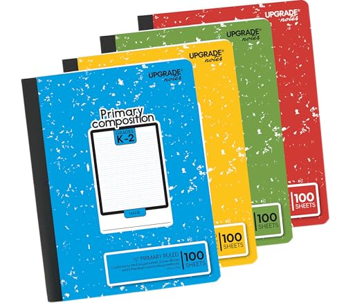 K-2 Primary Composition Full-Page ½” Ruled, 7.5”x9.75” 100 Eco Sheets | Practice Tracing Letters Add-On, Responsibly Sourced Paper, Sturdy Cardstock Covers – No Plastic Used, 4-Pack