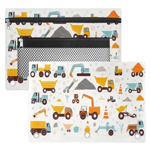 Cars Truck Pencil Pouch for 3 Ring Binder Excavator Trailer Pencil Case Bag with Clear Window Zipper Pockets for Kids Girls Boys Students School College Supplies 2 Pack - color: Blue Yellow Orange