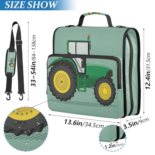 Fisyme Green Yellow Tractor Zipper Binder 3 Ring with Zipper and Shoulder Strap Large Capacity Multi-Pocket Binder Organizer - color: Multi-dark Green