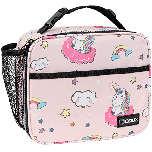 opux Insulated Lunch Bag for Kids, Reusable Lunch Box for School with Leakproof Lining, Compact Soft Cooler Tote for Boys & Girls, Front Pocket, Mesh Side Bottle Holder (Pink Unicorn) - color: Pink Unicorn