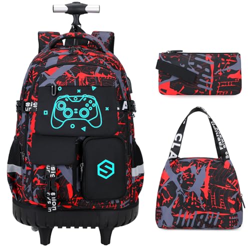 Scothen Rolling Backpack for Boys, Cool Luminous Gamer Roller School Backpacks for Boys with Lunch Bag and Pencil Pouch, Kids Backpack Bookbag with Wheels for Kindergarten Elementary Middle School - color: Red