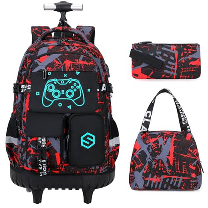 Scothen Rolling Backpack for Boys, Cool Luminous Gamer Roller School Backpacks for Boys with Lunch Bag and Pencil Pouch, Kids Backpack Bookbag with Wheels for Kindergarten Elementary Middle School - color: Red