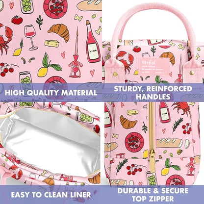 Fit & Fresh Bloomington Lunch Bag for Women - Insulated Large Lunch Box for Work with Containers, Leak-Resistant, Stain-Resistant, Zipper Closure, Pink Pasta Dinner - color: Pink Pasta Dinner