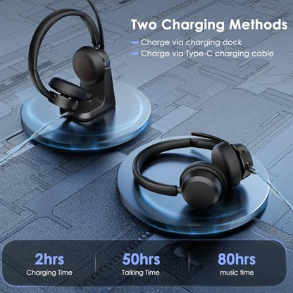 Mopchnic Wireless Headset with Noise Cancelling Microphone, On-Ear Bluetooth Headset with USB Dongle, Mute Function & Charging Base, Wireless Headphones for Work from Home and Call Center (Deep Blue) - color: Deep Blue