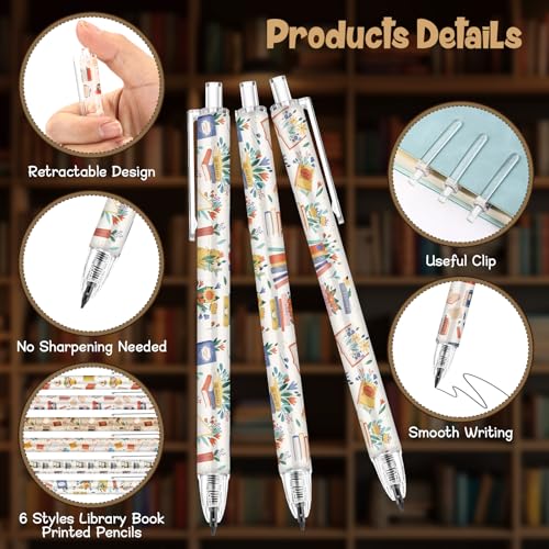 Sinload 60 Pcs Mechanical Pencil Bulk, 0.7 mm Cute Motivational Mechanical Pencil for Writing, Sketching, Drawing, Gifts from Teacher Reward Office Supplies Bee Party(Book Shelf) - style: Book Shelf