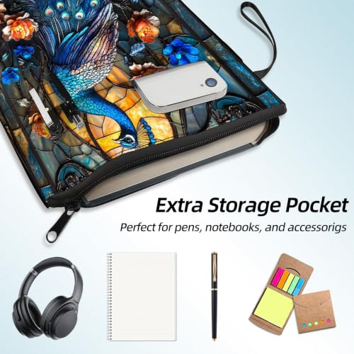 Padded Book Sleeve with Zipper & Front Pocket, Fabric Book Cover | Stained Glass Peacock Bird11.4"x8.7" Washable Canvas Pouch for Hardcovers, Tablets & Reading Accessories - color: Stained Glass Peacock Bird