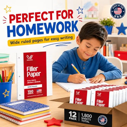 Woodlake Loose Leaf Paper Bulk, Wide Ruled Notebook Paper, 8 x 10.5 Inch Filler Paper, 3-Hole Punched Lined Binder Paper, 60 GSM, 150 Sheets/Pack, 1,800 Sheets Total, Made in USA for School & Office - color: Wide Ruled, size: 12 PACK(1800 SHEETS)
