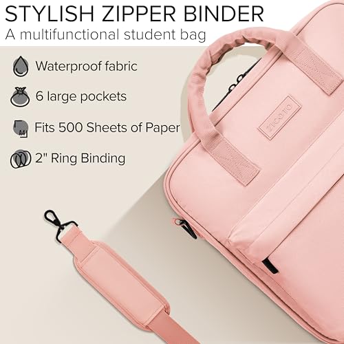 Sturdy 3 Ring Zipper Binder with Strap - 2" Binder with Pockets Holds 500 Sheets, Laptop & More - Durable & Easy to Carry - color: Pink