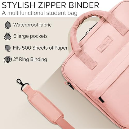 Sturdy 3 Ring Zipper Binder with Strap - 2" Binder with Pockets Holds 500 Sheets, Laptop & More - Durable & Easy to Carry - color: Pink