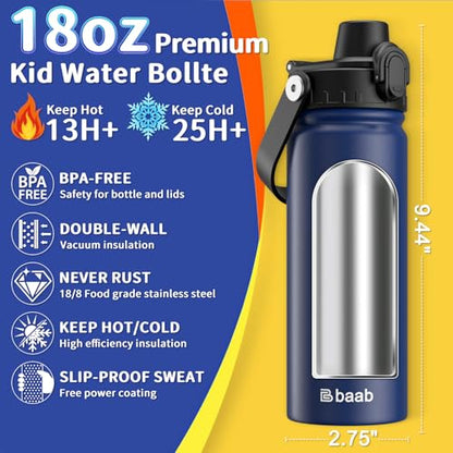 baab 18oz Kids Water Bottle, Insulated Kids Water Bottle with Lockable Spout Lid & Stickers, 18/8 Stainless Steel Vacuum Leakproof Kid Water Cup with Handle for Boy Girl & School (Navy Blue, 1 Pack) - color: Navy Blue, size: 18 Ounces