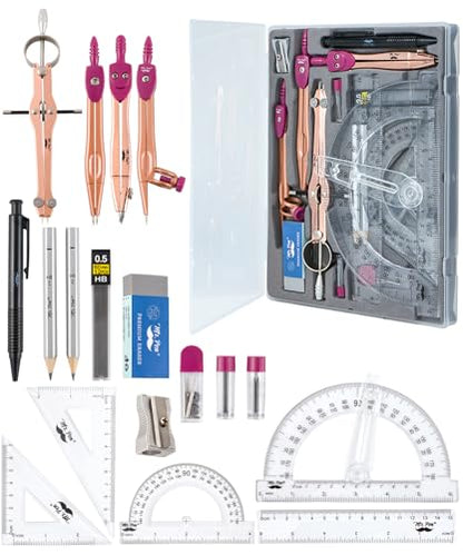 Mr. Pen- Geometry Set, 15 pcs, Rose Gold & Pink | 6 Inch Swing Arm Protractor, Divider, Set Squares, Ruler, Compasses and Protractor - color: Rose Gold & Pink