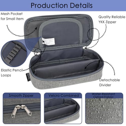 FlowFly Large Capacity Pencil Case for Kids, Boys & Girls – Zippered Multi-Functional Pen Pouch, Soft & Portable Pencil Bag for School, Teens, Students, Grey - color: Grey