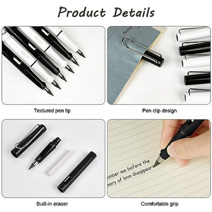 Ainiv Inkless Pencil Forever Pencil, 6 Sets Infinity Pencil Everlasting Pencil with Eraser, Reusable Infinite Pencil with Extra 6 Replaceable Nibs, Endless Pencil for Home Office School Supplies - color: 6 Sets Black and White