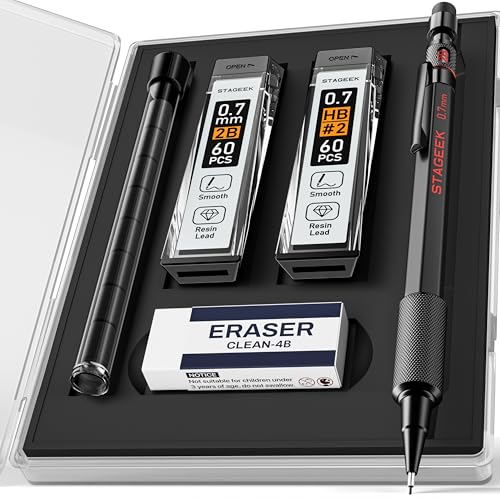 STAGEEK Mechanical Pencils 0.7mm with Case, Metal Weatherproof Body Outdoor Artist Mechanical Pencil with 120 PCS HB & 2B Lead Refills, Eraser, for Writing Drafting Drawing and Sketching - size: 0.7 MM, style: 13 PCS