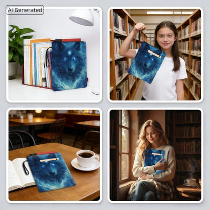 Padded Book Sleeve with Zipper & Front Pocket, Fabric Book Cover | Mystic Blue Wolf Glowing11.4"x8.7" Washable Canvas Pouch for Hardcovers, Tablets & Reading Accessories - color: Mystic Blue Wolf Glowing