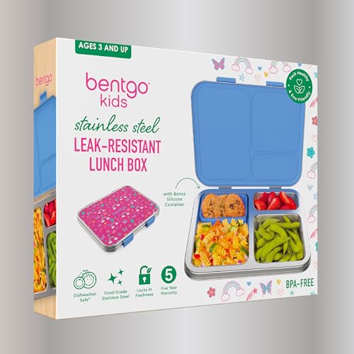 Bentgo Kids Stainless Steel Prints Leak-Resistant Lunch Box - 3-Compartments with Silicone Container, Durable, Eco-Friendly, Dishwasher Safe, BPA-Free, for School, Ages 3+ (Rainbows & Butterflies) - color: Rainbows and Butterflies