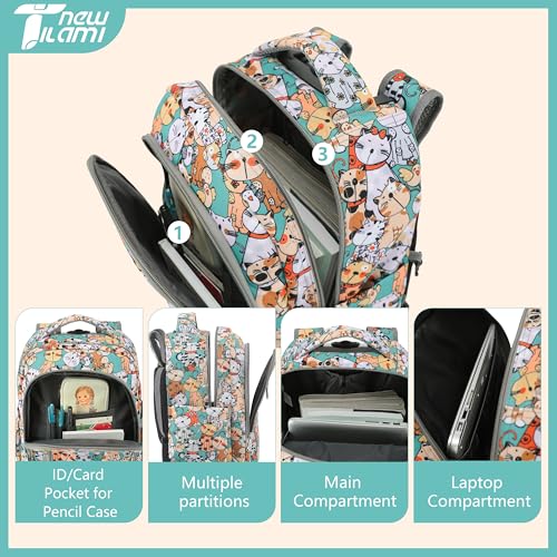 NEW TILAMI Rolling Backpack for Boy Suitcase School Adjustable Laptop Backpack with Wheels for Girl to School Travel Camping Boys Backpack Cute Cats 18 Inches | Water-Resistant Adjustable Trolley Handle Padded Back Panel Multiple Compartments Daily School