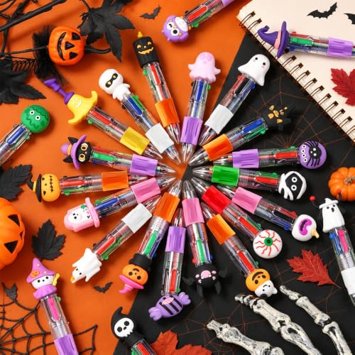 Vellibring 24 Pcs Halloween Pens 4-in-1 Mini Multicolor Retractable Ballpoint Pens Pumpkin Ghost Bat Witch Skull Cute Pens Halloween Party Favors Goodie Bag Fillers Classroom Rewards Stationery Gift - style: Cute Halloween-24pcs