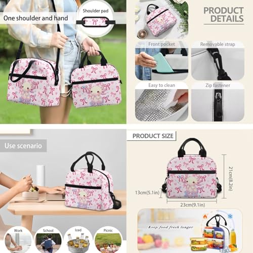 Back to School Bookbag Set for Kids, Lovely Girls 3-in-1 Insulated Lunch Bag & Pencil Case,Axolotl Prints Lightweight Backpack for Camping Hiking Picnic - color: Pink Bows-axolotl Prints
