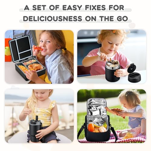 Pawtong Lunch Box Set with Bento Box Container, 17OZ Stainless Steel Food Soup Thermo, Kids Water Bottle & Portable Insulated Lunch Bag – Leakproof, Hot/Cold Retention for School, Travel (Black) - color: Black
