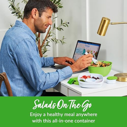 Bentgo Salad Container - 54 oz Bowl with 4-Compartment Toppings Tray, Leak-Proof Dressing Container, Reusable Fork, BPA-Free Lunch Box for Meal Prep & Food Storage; Removable Bento Tray (Green) - color: Green