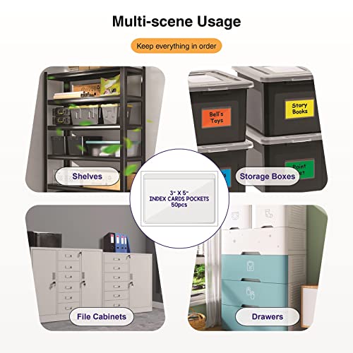 IMAGAME Clear Adhesive 3" x 5" Index Card Pockets, Labels Holders, 50 Pack | Top Open for Loading, Plastic Labels Holders, For Storage Bins and Library Card, Organizing and Protecting Cards, Photos - size: 3-5/8" x 5-1/4" for 3" x 5" Index Cards