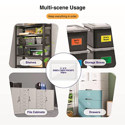 IMAGAME Clear Adhesive 3" x 5" Index Card Pockets, Labels Holders, 50 Pack | Top Open for Loading, Plastic Labels Holders, For Storage Bins and Library Card, Organizing and Protecting Cards, Photos - size: 3-5/8" x 5-1/4" for 3" x 5" Index Cards