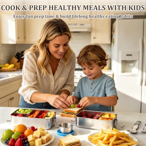Qtencas Stainless Steel Lunch Box, 47oz / 1.4L Stainless Steel Bento Box | Metal Lunch Bento Box with Removable Dividers, Leakproof Condiment Containers, Dishwashing Sponge and Foldable Sporks - size: 47oz
