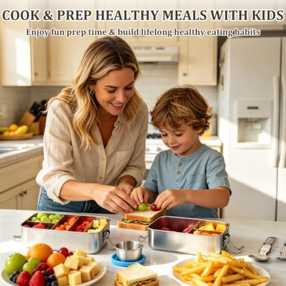 Qtencas Stainless Steel Lunch Box, 47oz / 1.4L Stainless Steel Bento Box | Metal Lunch Bento Box with Removable Dividers, Leakproof Condiment Containers, Dishwashing Sponge and Foldable Sporks - size: 47oz