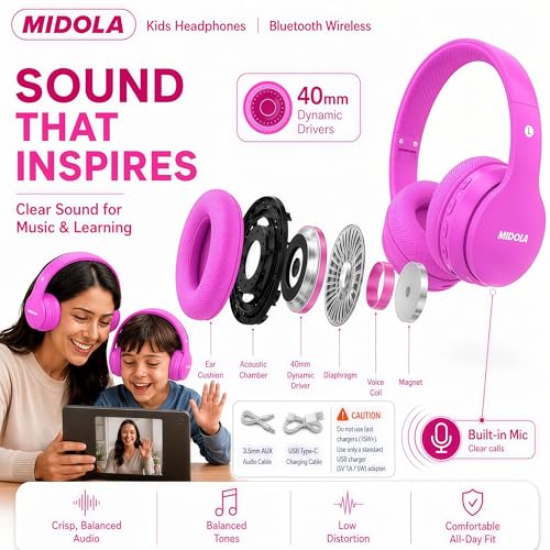 MIDOLA Kids Bluetooth Headphones 68H Play Time,Volume Limit 85/94dB, Foldable Lightweight Wireless Over-Ear Headphone for Kid Toddler Child Pad Tablet,Headsets with Built-in Mic Hot-Pink - color: Rose Pink