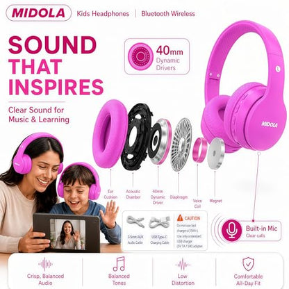 MIDOLA Kids Bluetooth Headphones 68H Play Time,Volume Limit 85/94dB, Foldable Lightweight Wireless Over-Ear Headphone for Kid Toddler Child Pad Tablet,Headsets with Built-in Mic Hot-Pink - color: Rose Pink