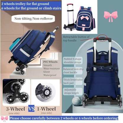 MITOWERMI Rolling Backpack for Girls 3Pcs Elementary School Bag Cute Bowknot Backpack with Wheels Girls Bookbags with Handbag Trolley Bags Kids Carry-On Luggage - color: Style c-3Pcs Dark Blue-2 Wheels, style: 2 Wheels Trolley + Backpack Sets