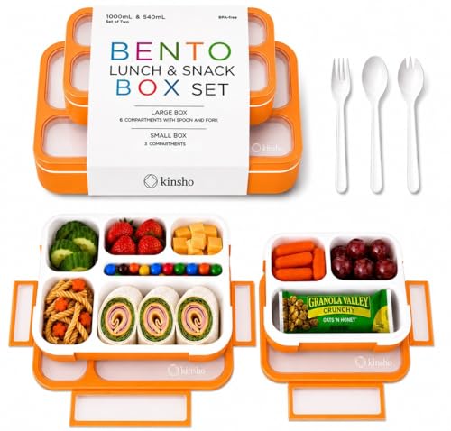 Bento Lunch-Box Set for Kids includes Snack Container | 6 and 3 Divided Compartment Boxes School Bentos or Meal Portion Control Containers BPA Free, Boys Girls Adults, Orange Large + MINI 2 pack - color: Orange Large + MINI 2 Pack