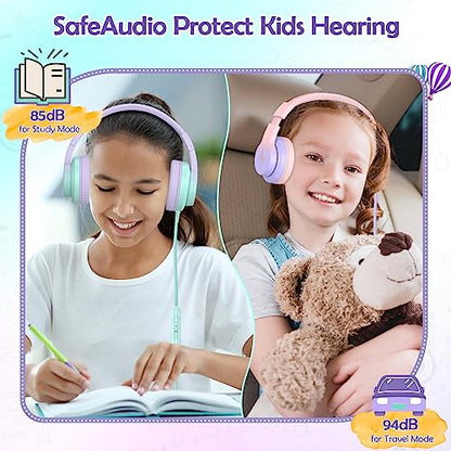 Candy Bila 2 Pack Kids Headphones, Wired Headphones for Kids Over Ear with Microphone, 85/94dB Volume Limiter Headphone for Girls Boys, Foldable Headphone for Learning & Entertainment - color: Gradient Pink, Gradient Purple